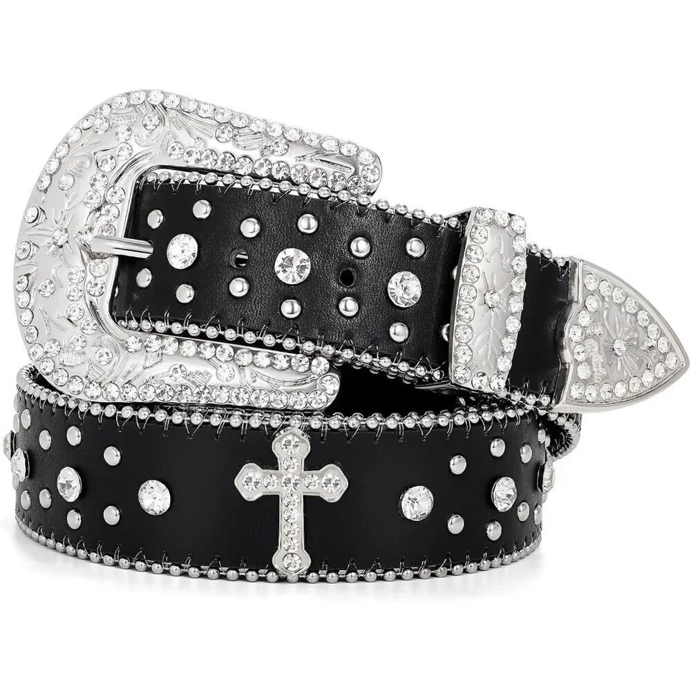 Women's Black Western Cowgirl Belts Bling Leather Belt With Cross and Diamond